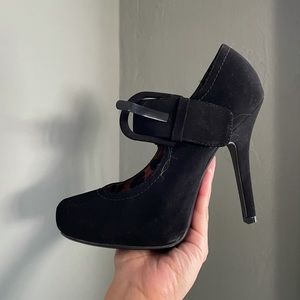 Black suede buckle heel